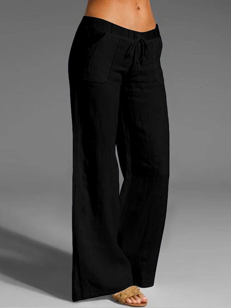 Spring Autumn Women Wide Leg Pants High Elastic Waist Loose Long Trousers Solid Color Drawstring Side Pocket Streetwear