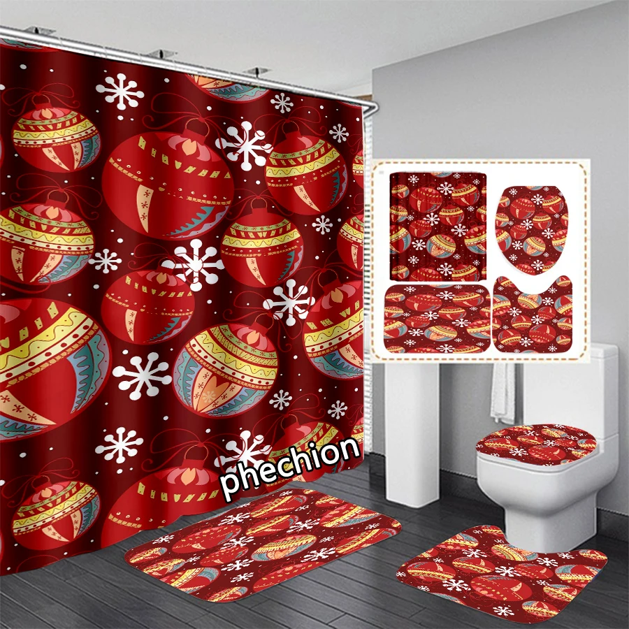 phechion New 3D Print Christmas Pattern Shower Curtain Waterproof Bathroom Curtain Anti-slip Bath Mat Set Toilet Rugs VR233