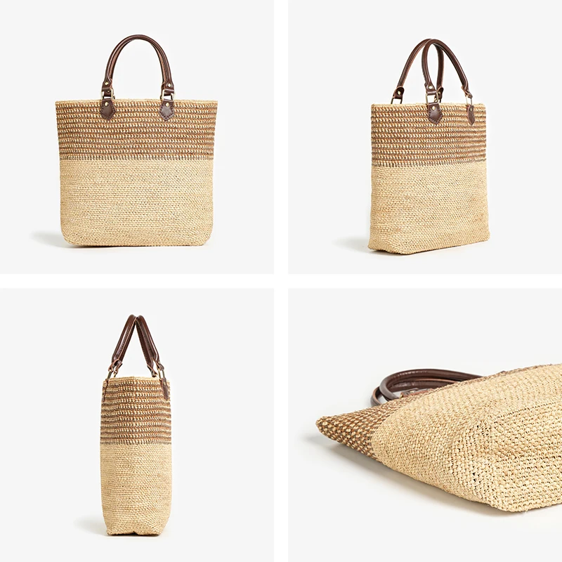 BEAUTODAY Casual Tote Women Raffia Mixed Color Retro Large Capacity Cow Leather Handle Open Pocket Ladies Bags Handmade 62086