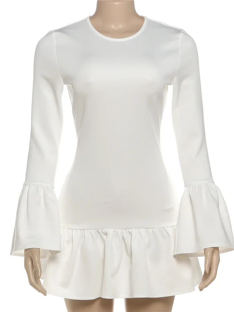 Leosoxs Sexy Ruffled Edging Mini Dress Women O-Neck Full Sleeve Simple Classic Solid Elegant Birthday Stretch Skinny Bodycon