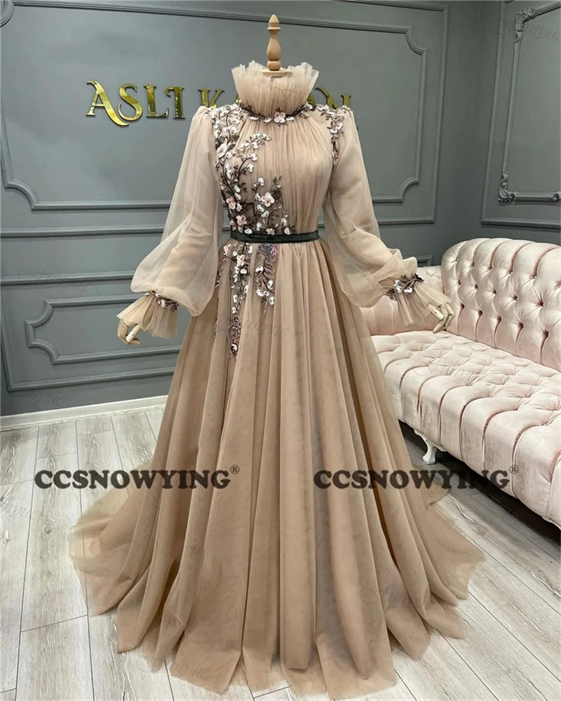 

Fashion Tulle Appliques Muslim Evening Dresses Long Sleeve Hijab Islamic Women Formal Party Gown Arabic Kaftan Robes De Soirée