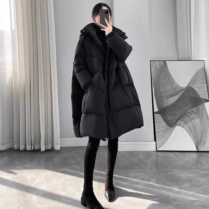 Black Hooded Down Jacket Women Winter 2024 New Korean Version Loose 90White duck down Coat Female Thicken Parkas Casual Overcoat