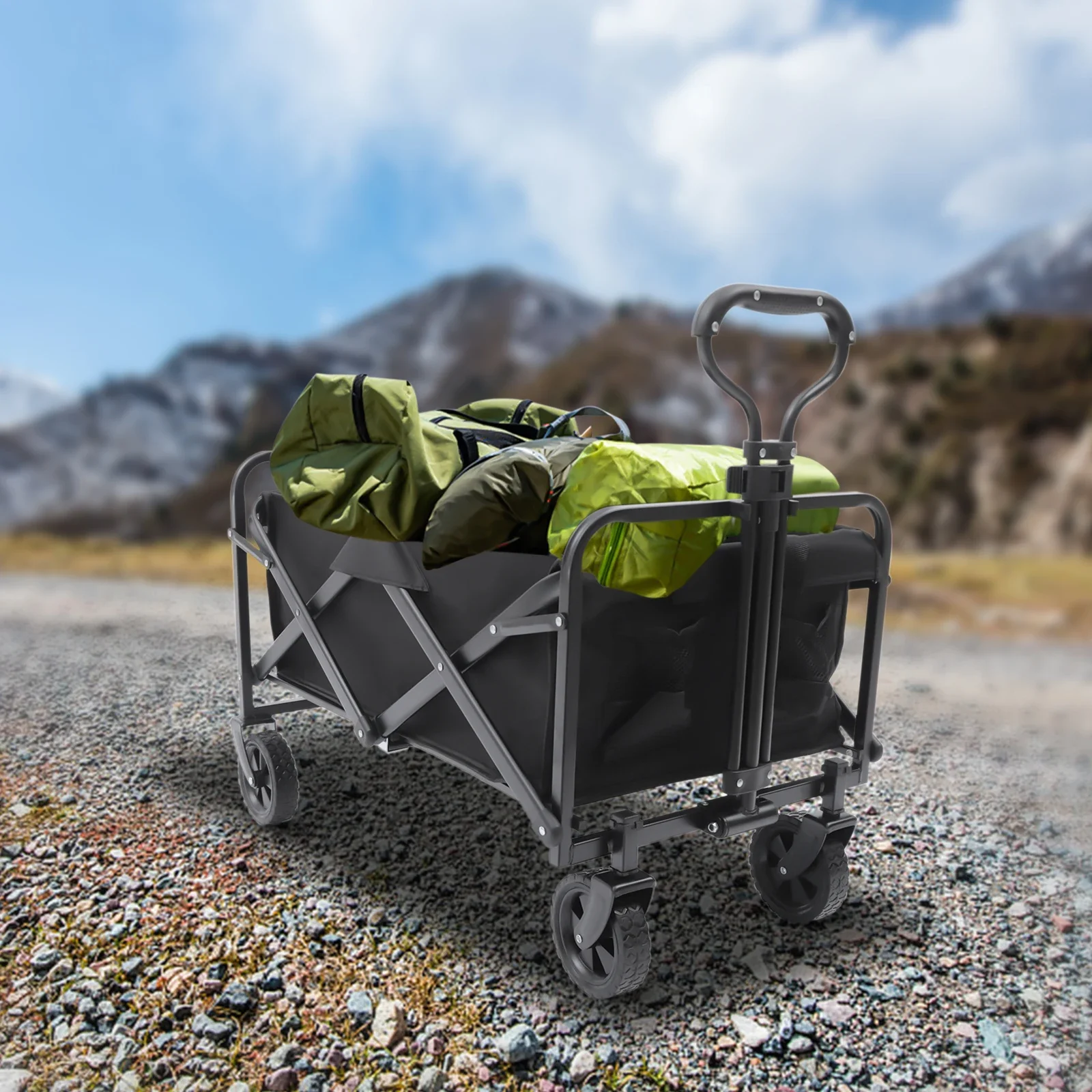 Small 5'' Rubber Wheel Folding Cart Camping Trolley Big Wheels Beach Trolley Cart W/ Adjustable Handle & Drink Holders