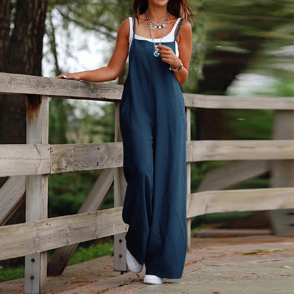 Women\'s Sleeveless Plus Size Jumpsuit Cotton And Linen Solid Loose Wide Leg Slash Pocket Casual One-piece Ankle-Length Pants