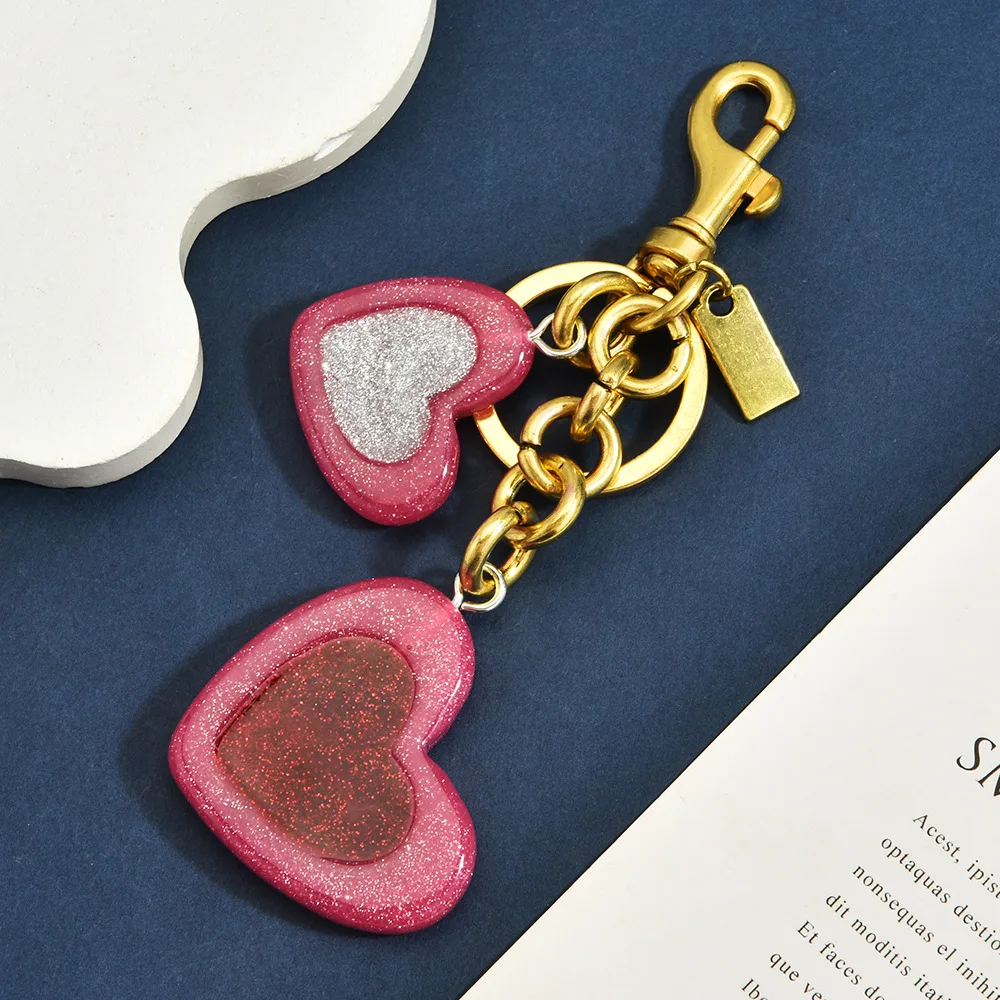 Light Luxury Sparkling Powder Double Love Car Keychain Sweet Drip Glue Heart Shaped Bag Pendant Decorative Accessories