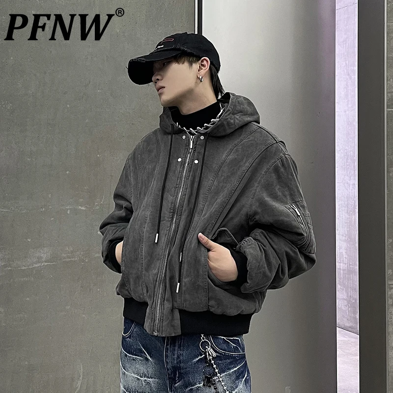 PFNW American Heavy-duty Washed Deconstruction Kapuze Dicke Winterjacke Herren Lose Silhouette Reißverschluss Baumwolle gefütterter Mantel Neu