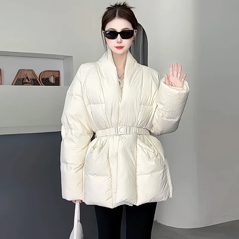 White Duck Down Jackets Women Mid Length Winter Down Coat Slim Fit V Neck Belted Puffer Jacket Woman doudoune femme luxe JK-137