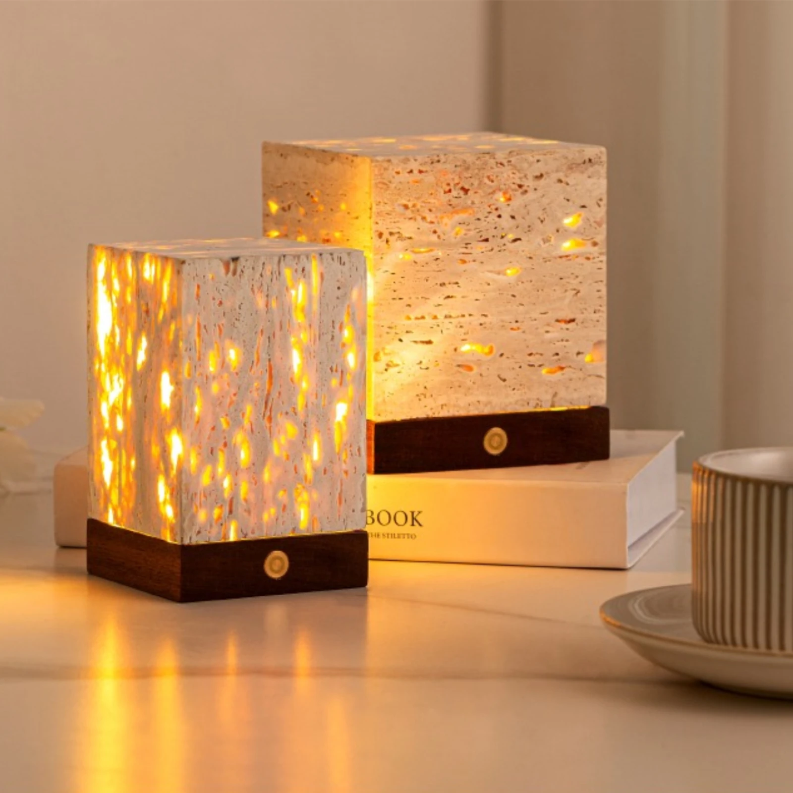 Travertine LED Night Light, Modern Stone Table Lamp, Rechargeable Bedroom Bedside Sofa Table Night Light, Art Lighting Fixtures view 2