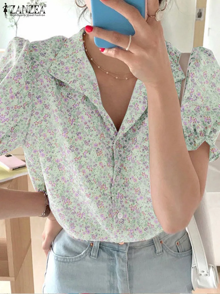 ZANZEA Koean Style Shirt Fashion Short Puff Sleeve Tops Bohemian Floral Printed Blouse 2024 Summer Holiday Lapel Neck Tunics