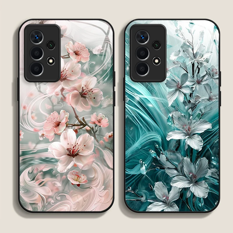 エレガントな桜の花柄強化ガラス製スマホケース Samsung Galaxy A06 A55 A54 A53 A52 A36 A14 A15 A31 Y2K対応カバー