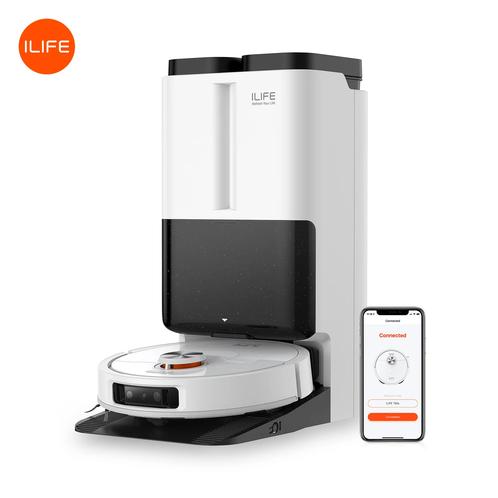 Robot aspirateur ILIFE T60s avec station autonome pour séchage à air chaud, collecte des cheveux, lavage automatique, IA et LDS, levage automatique du balai