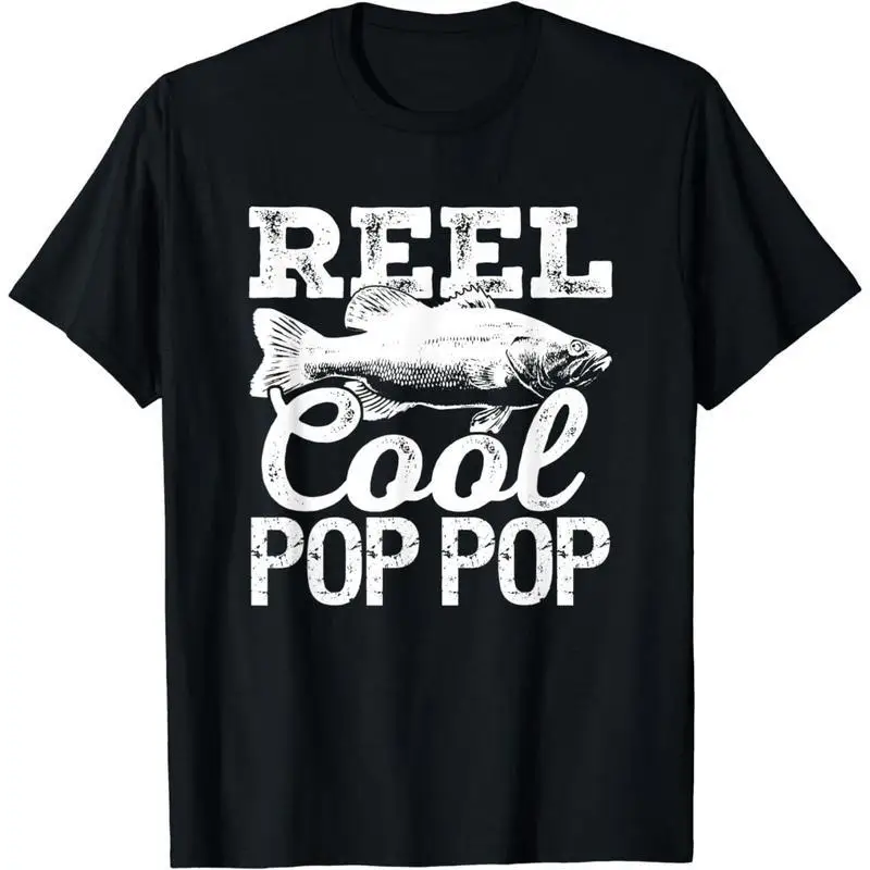 

Men's Reel Cool Pop Pop T-shirt Funny Fishing Slogan Tee Grandpa Graphic Top Fishing Lover Gift
