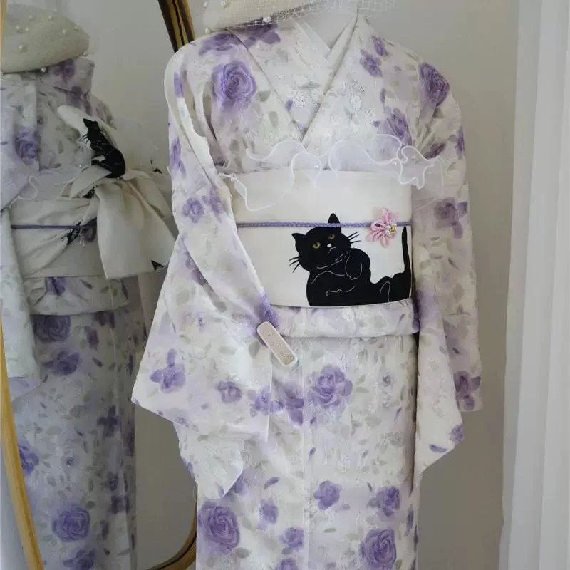 Japanese Formal Women's Kimono Lace Komon Rose Pattern Traditional Retro Style Travel Photography Composite Fabric