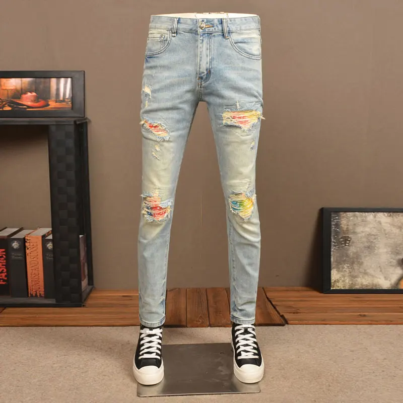 

Street Fashion Men Jeans Retro Light Blue Stretch Skinny Fit Ripped Jeans Men Patched Designer Hip Hop Denim Pencil Pants Hombre