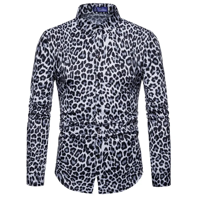 Camisa con estampado de leopardo para hombre, camisa de manga larga de alta calidad, informal, para fiesta Social