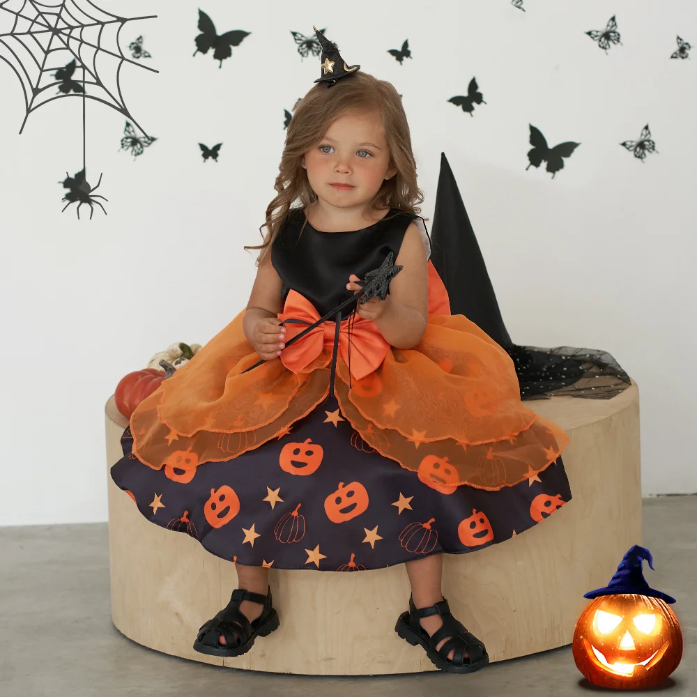 Vestido de princesa de calabaza para niña, disfraz de Halloween, fiesta, juego de bruja pequeña, actividad de jardín de infantes, rendimiento, nuevo