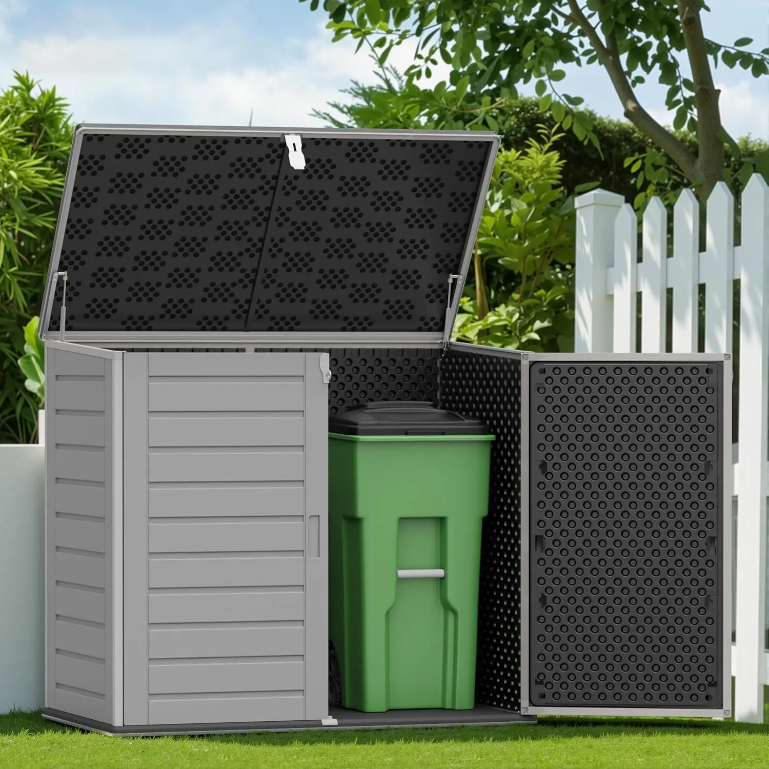 

Outdoor Trash Can Storage Shed 4.6 x 4.1 FT, 304 Gallon Resin Shed with Lockable Doors & Lift Lid, Waterproof, Customized
