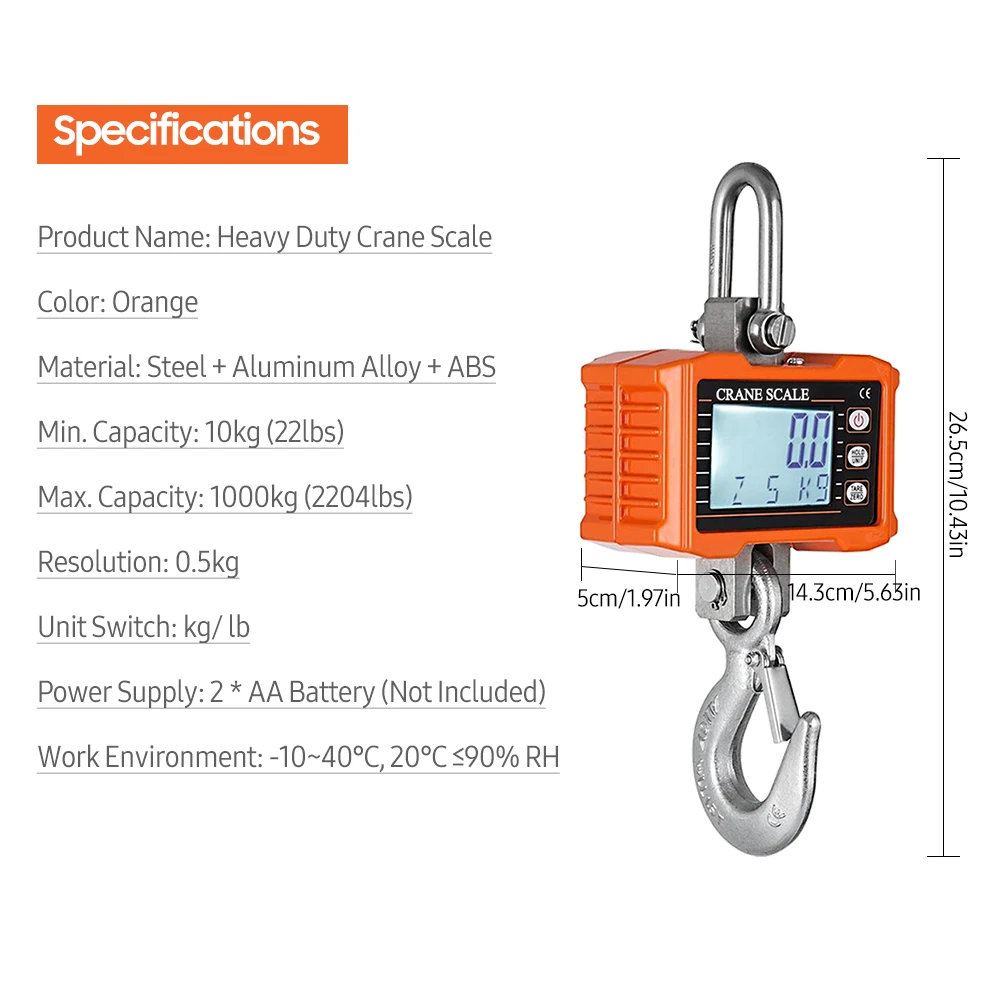 Cyfrowa waga wisząca 1000kg/ 2204 funty wytrzymałe waga dźwigowa podświetlenie LCD przemysłowe wagi hakowe na plac budowy