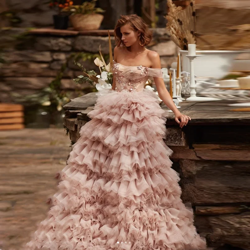 Robe de Rhen tulle à volants roses blush, appliques perlées, hors de l'événement initié, robes de soirée azole, robe à lacets pour les patients de plage, quelle que soit la 2024