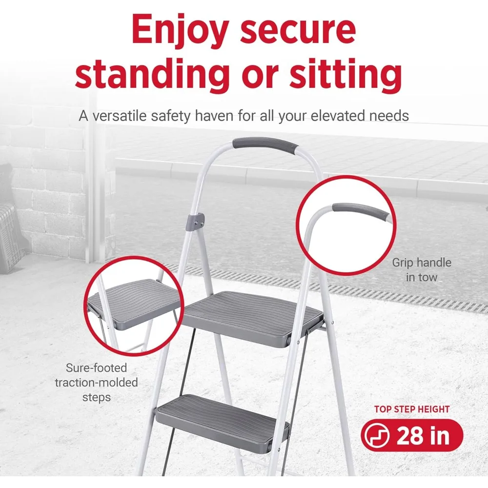 3-traps vouwladder, stalen opvouwbare opstapkruk met handgreep, wit
