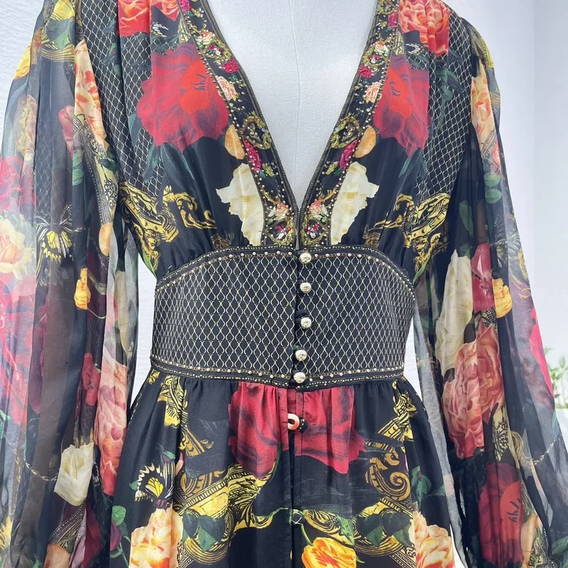 Black Summer Holiday 2024 New High Quality Pure Silk Flower Print Full Sleeve Deep V-neck Diamonds Shirred Women Midi Dress