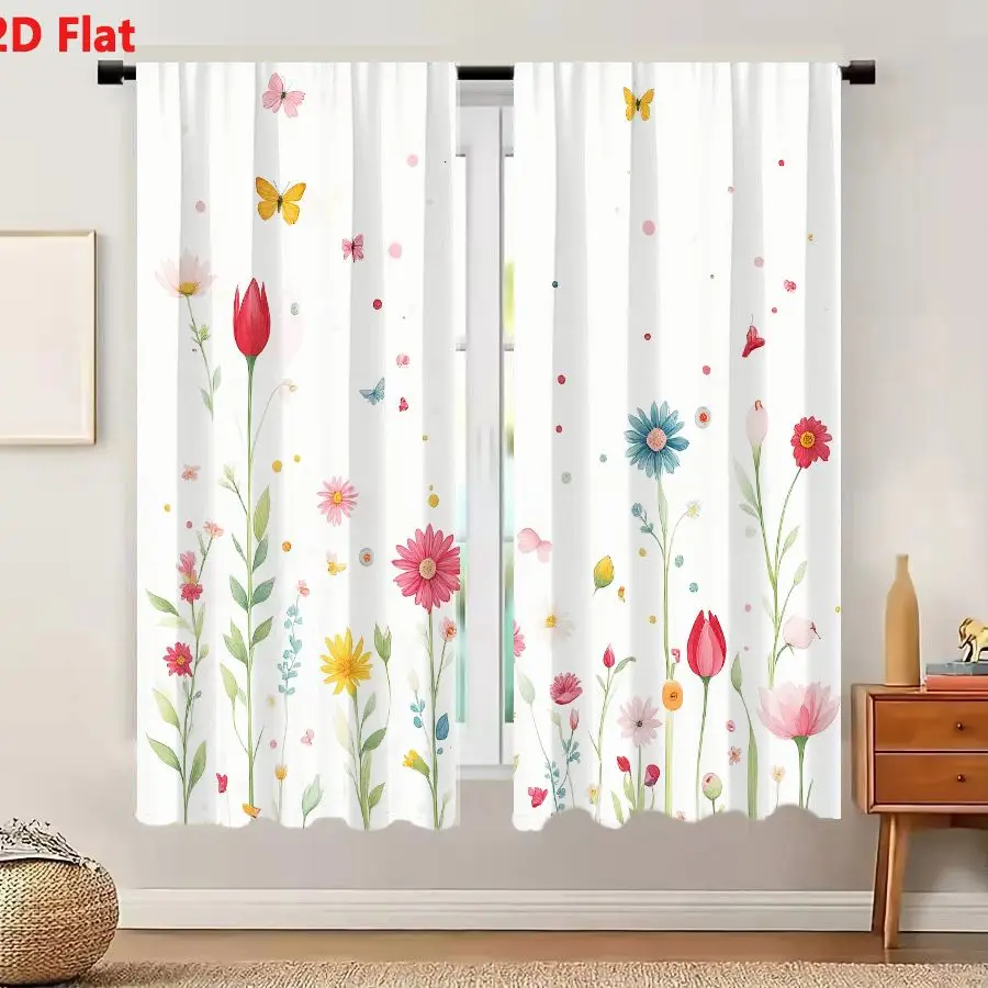 2Pcs Curtains Add 2D Flat Whimsical Meadow With Colorful Flowers And Butterflies Window Drapes for Bedroom Room Decor Decoration