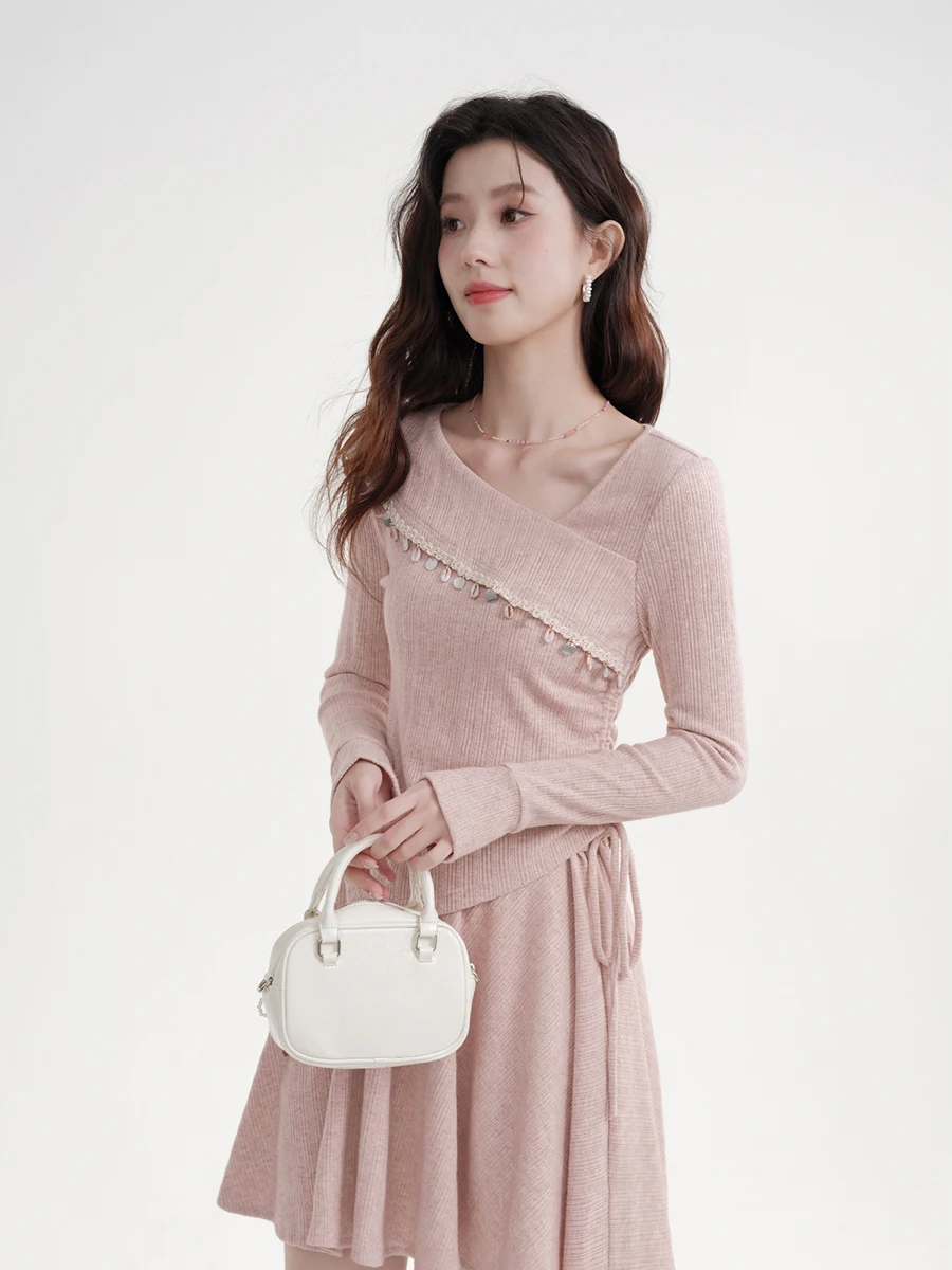 

Mu Easy Spring 2026 New Women's Faion Knitted Set ort Skirt Asymmetrical Design Long Sve T-irt And Dr