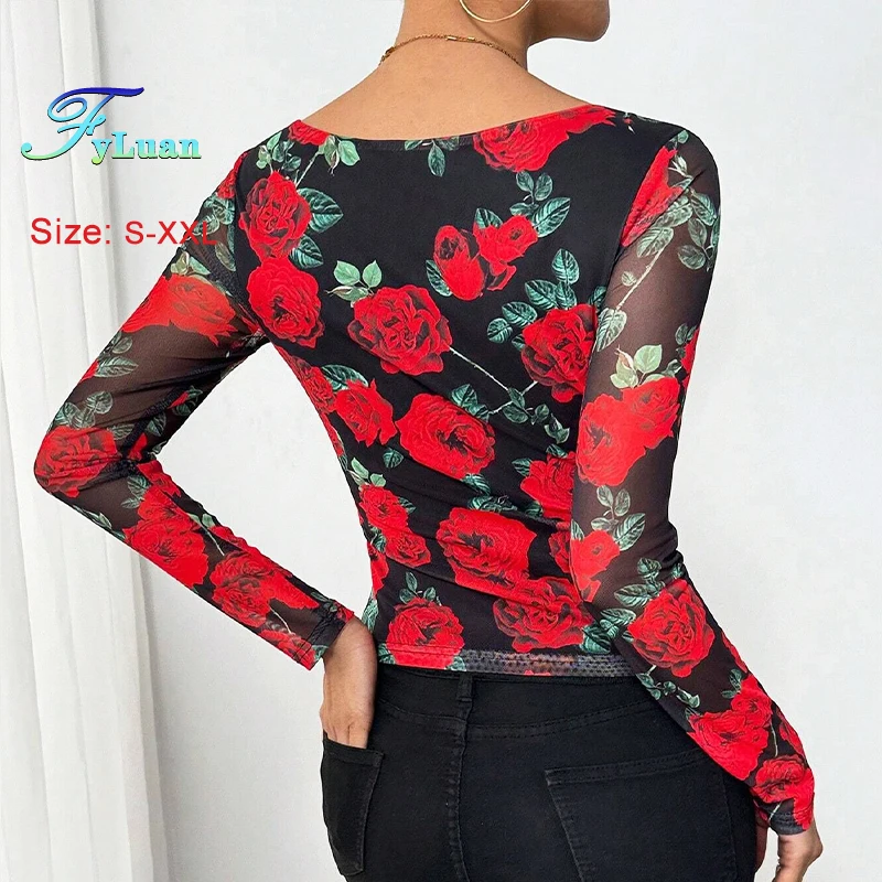 2025 النمط الفرنسي U الرقبة المرأة تي شيرت رومانسية زهرة الورد شبكة مطبوعة ساحة طوق كم طويل البلوز أنيقة سليم #6