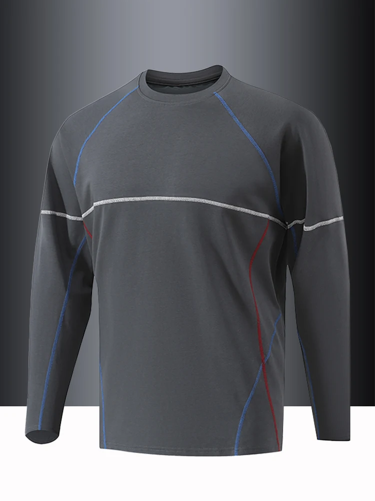 

Мужская футболка с длинным рукавом для весны и осени, свободного кроя, больших размеров, дышащая, повседневная, из хлопка, для фитнеса и бега, с круглым вырезом.