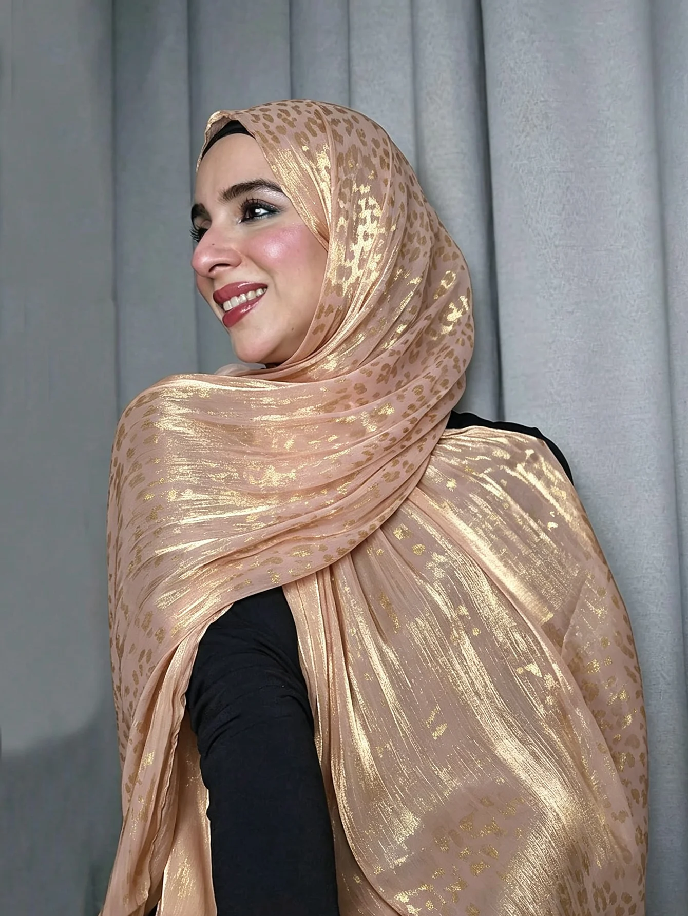 Lurex Shimmer Leopard Hijab for Women Muslim Metallic Gold Print Chiffon Scarf Islamic Party Wedding Headscarf Shawl