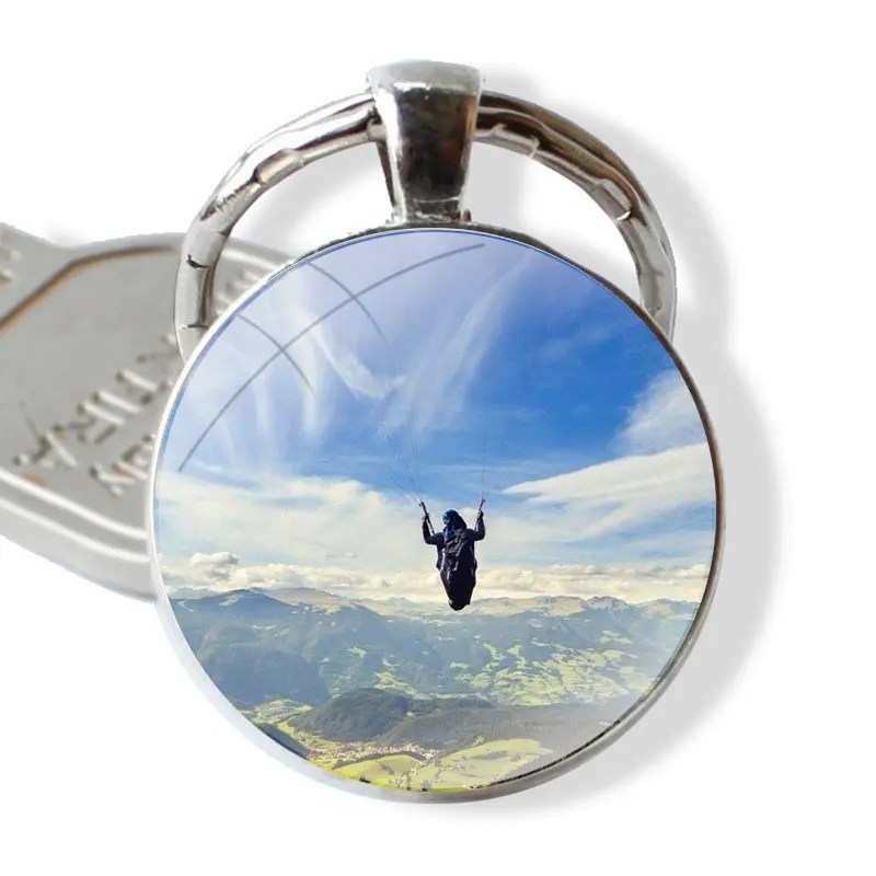 Extreme Sports Skydiving and Skiing Vertical Keychain Handmade Glass Cabochon Key Ring Holder Pendant Key Chains