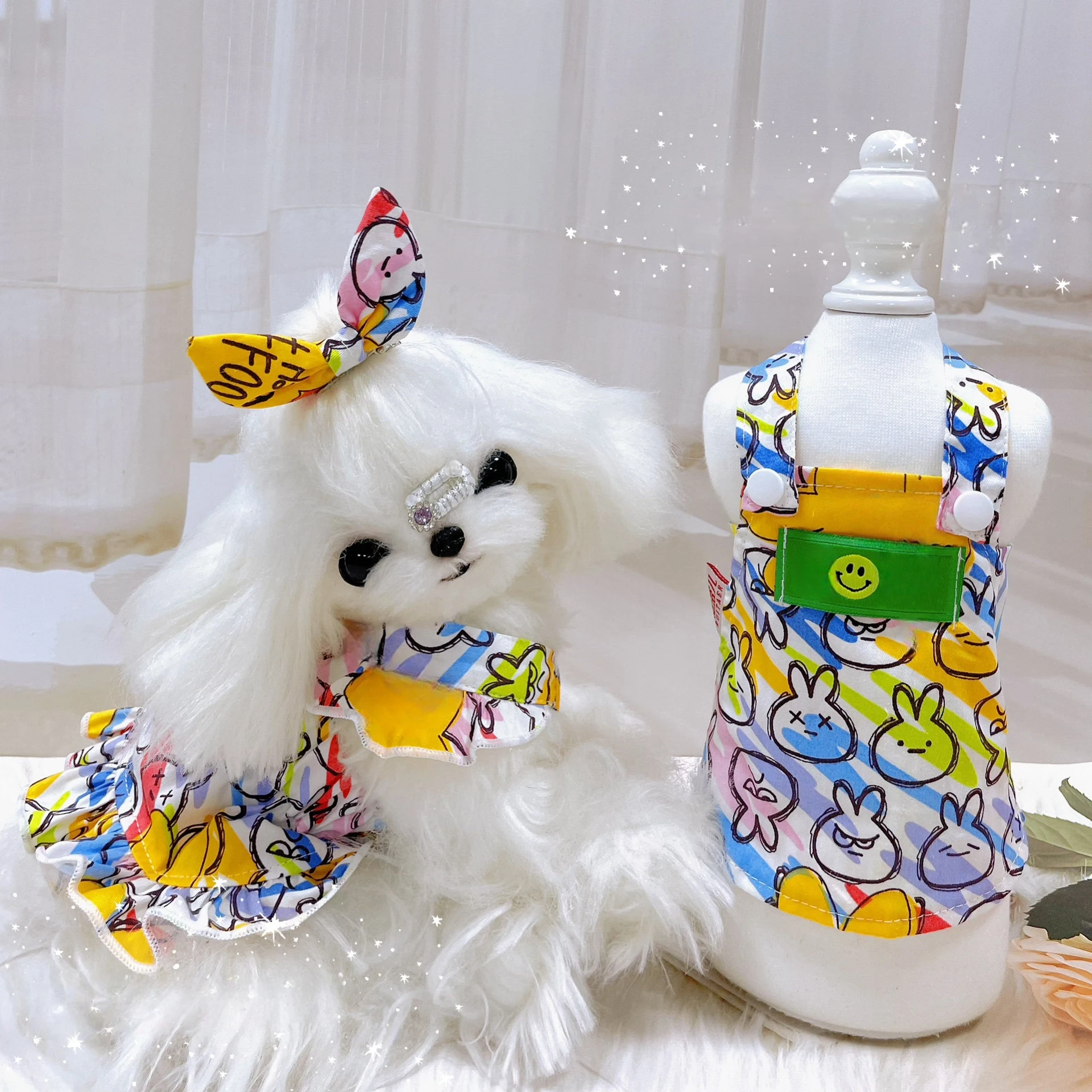 

Summer Color Block Dog Dress Cute Reversible Pet Romper with Flutter Sleeves Breathable Cotton Puppy Clothes for Small Breeds