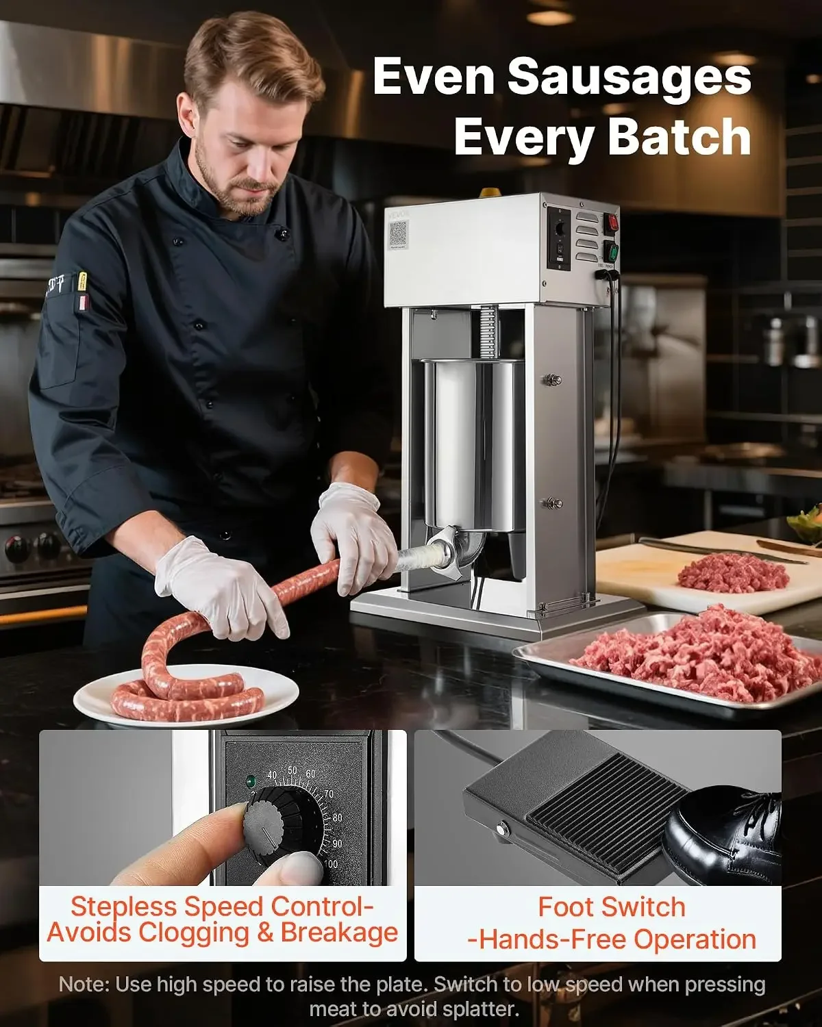 Electric Sausage Stuffer, 22 LBS / 10 L Vertical Meat Stuffer, Stepless Speed Control and Foot Pedal, Stainless Steel Heavy Duty