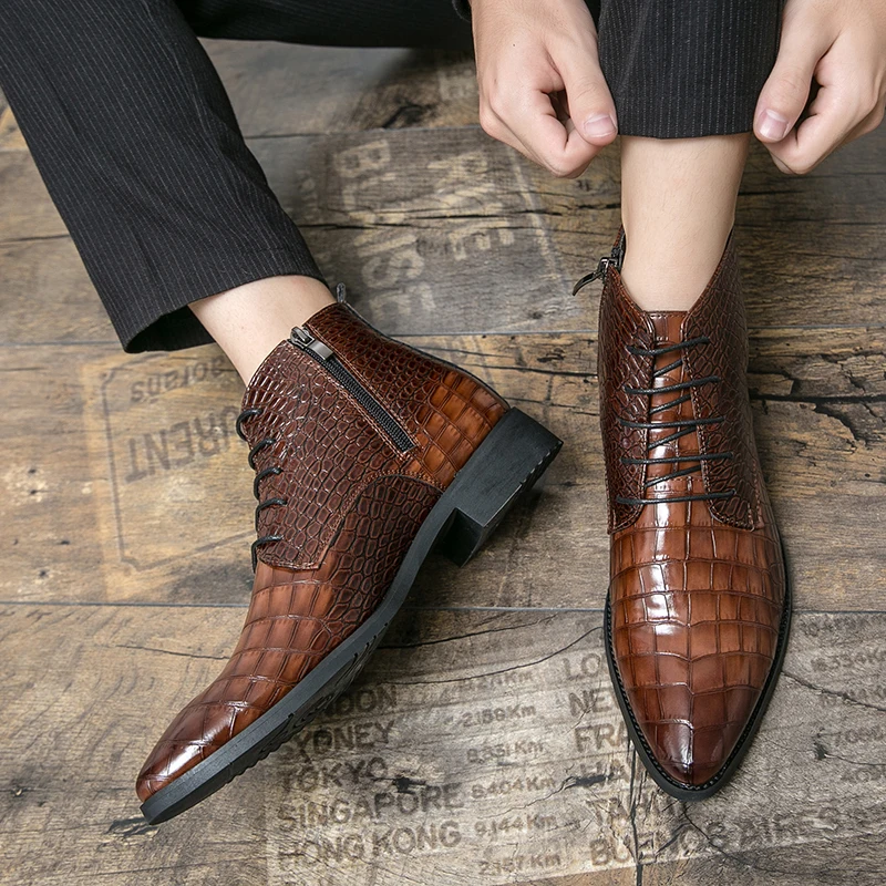 New Business Brown Casual Shoes High Top Lace Up Chelsea Boots Mens Formal High-quality Pointed Boots Dress Ankle Boots for Men view 5