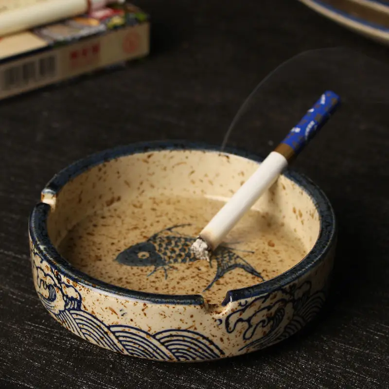 Chinese Style Fish Picture Retro Ceramics Ashtray Fashionable Ashtray for Home Living Room