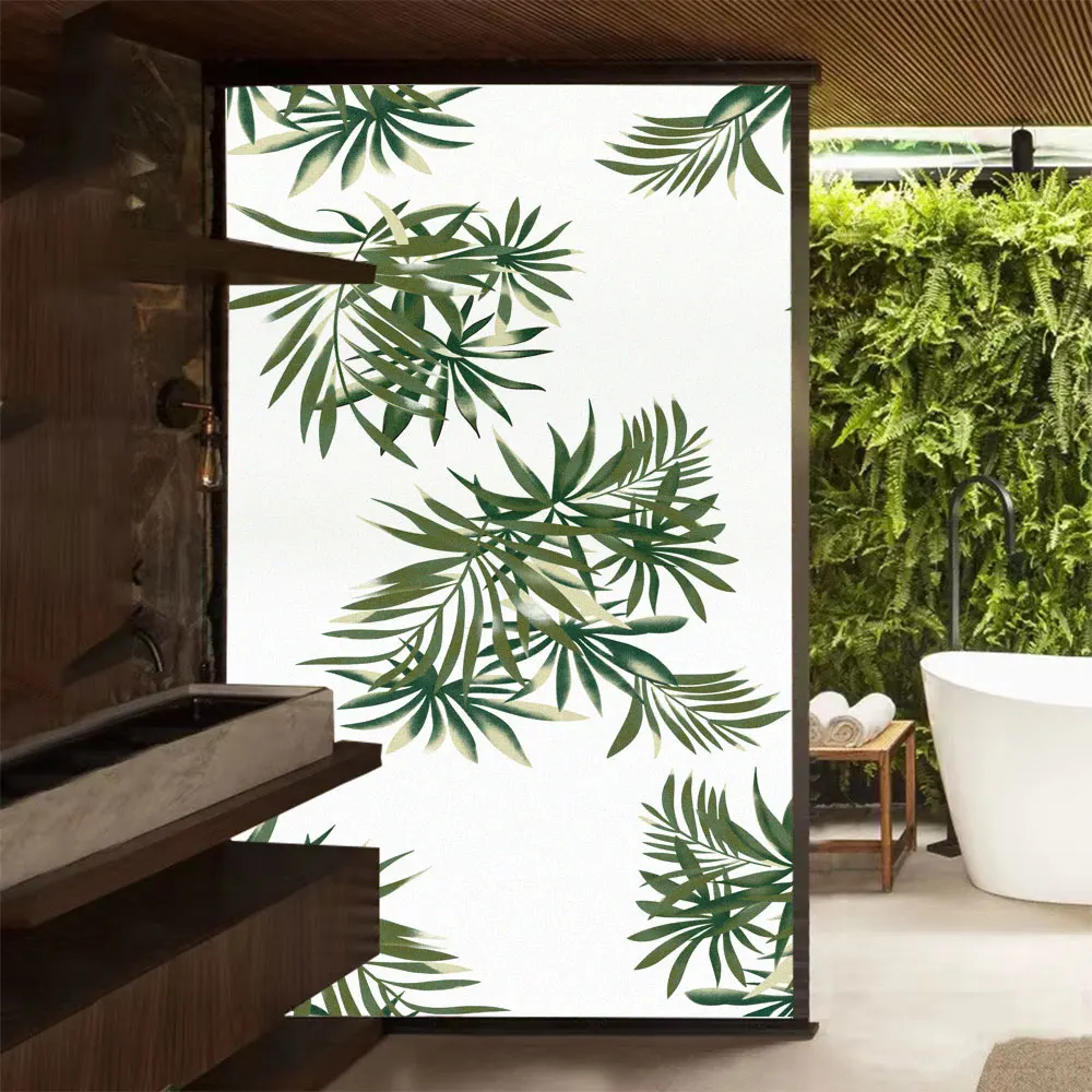 Green Leaf Pattern Frosted Glass Window Privacy Film Sun Blocking Cling No Glue Glass Window Stickers Bathroom Door Stained Film