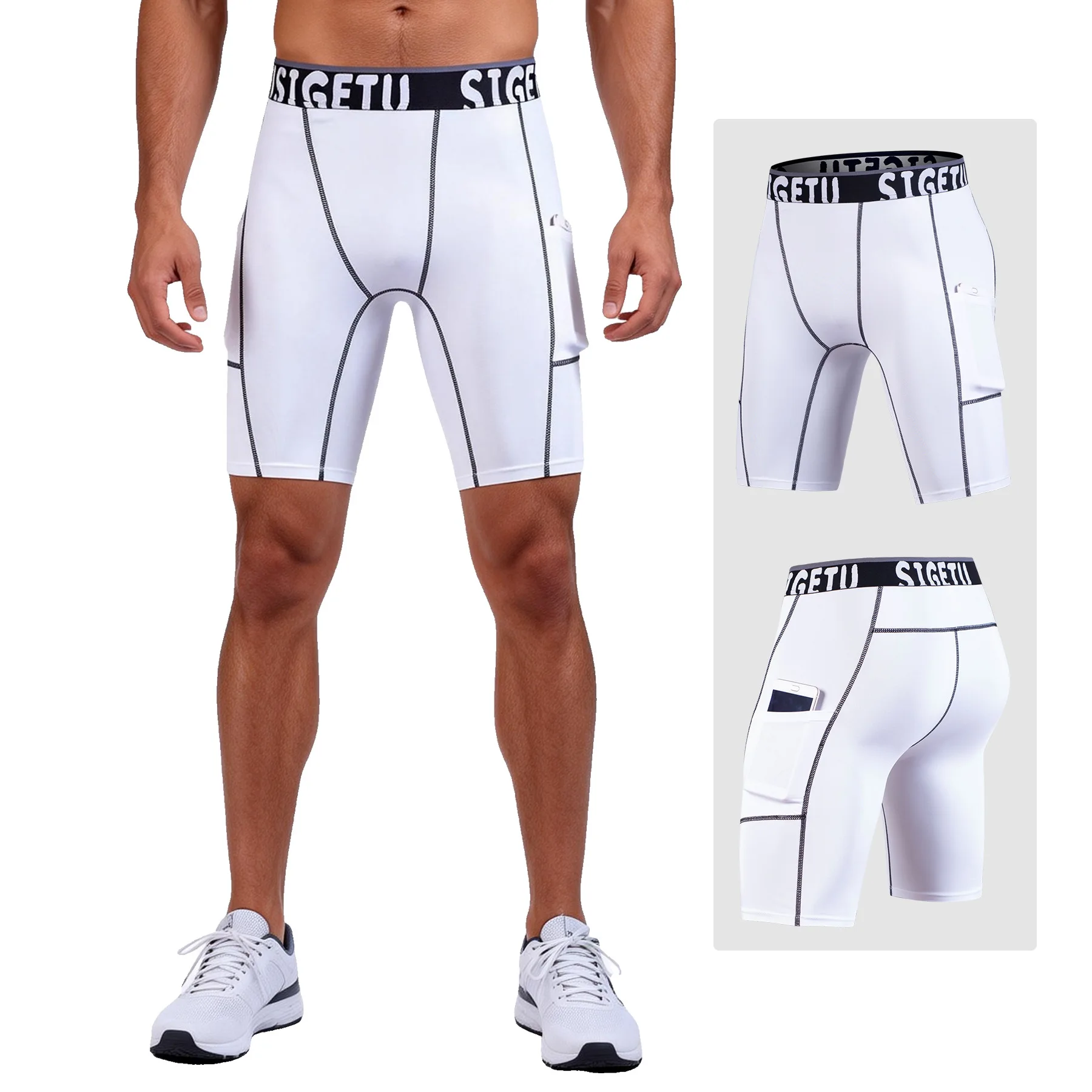 Men's Compression Shorts with Side Pockets Quick Dry Fitness Running Sport Tight Pants Workout Gym Underwear Black Gray White