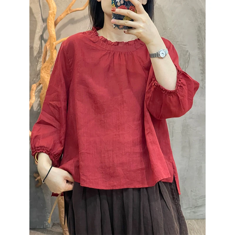 Women Summer Simplicity Loose Elegant Solid Color Cotton O-neck 3/4 Sleeve Shirts Women Clothes Casual All-match Sexy Top Tee