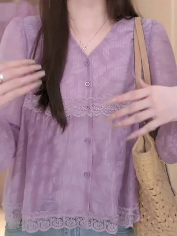 루즈핏 플로럴 롱 슬리브 V넥 여성 캐주얼 편안한 핏 어깨 라인 디자인 여름 상의 큰 사이즈