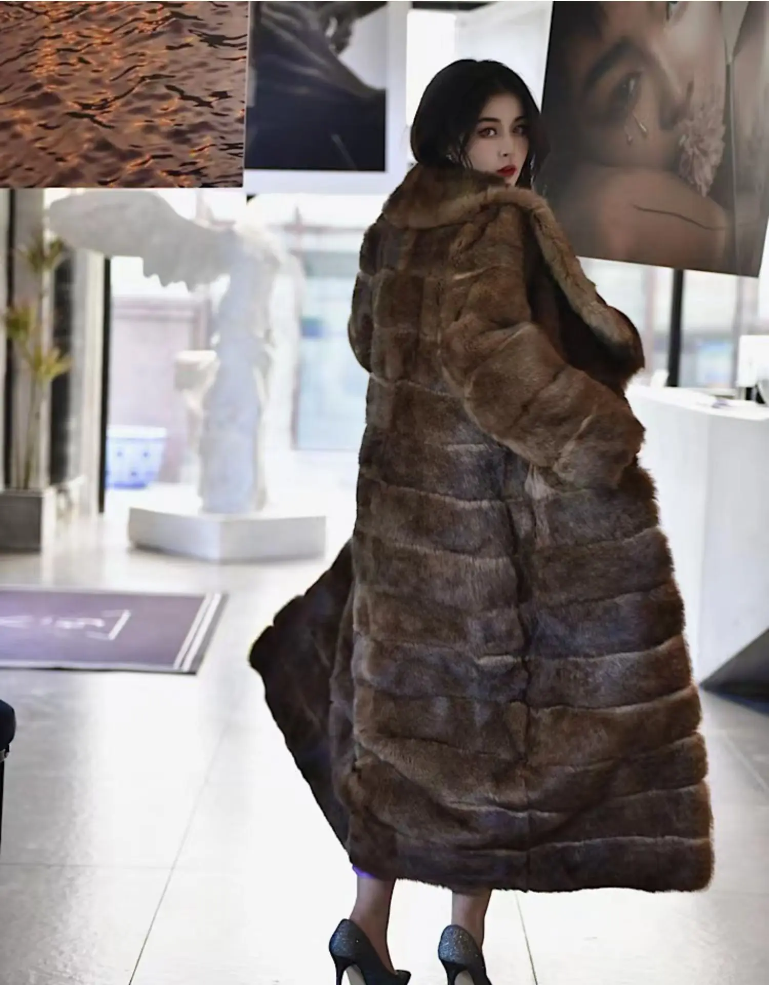 Furyoume 2024 neue Winter Frauen x-lange echte Rex Kaninchen Pelzmantel voller Ärmel Chinchilla Mantel dicke warme luxuriöse Jacke