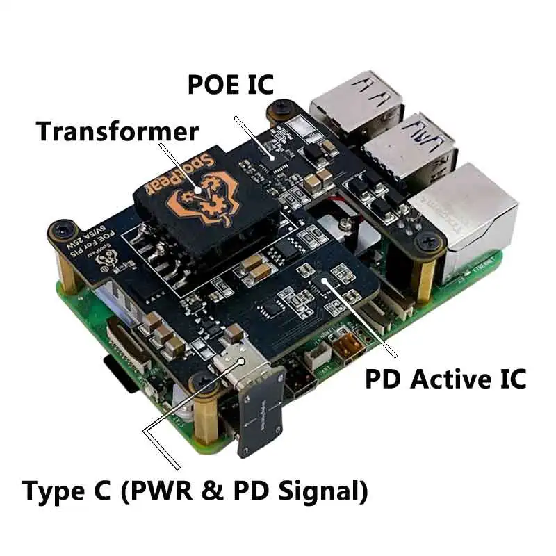 Raspberry Pi 5 PoE HAT With PD Trigger Activation Type C Power Over Ethernet 802.3af/at 5V/4.5A 25W Optional Fan for RPi5