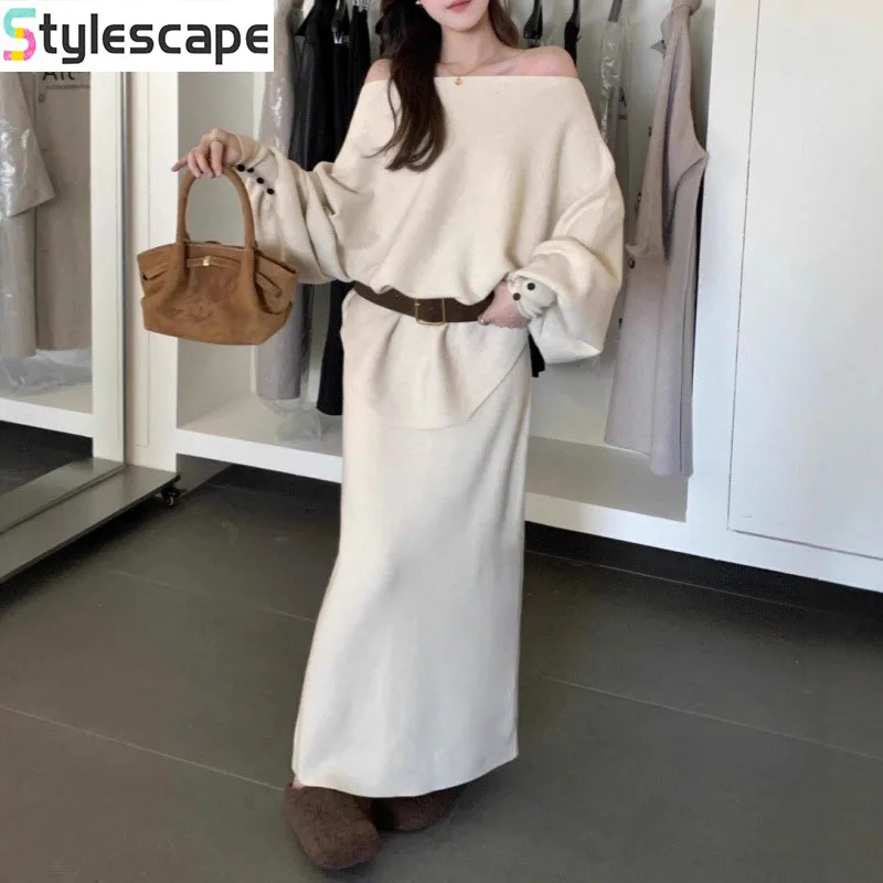 

Французский вязаный свитер больших размеров с одним вырезом и рукавами «летучая мышь», комплект с полуюбкой, женская сумка, юбка на ягодицах, комплект из двух предметов, юбка