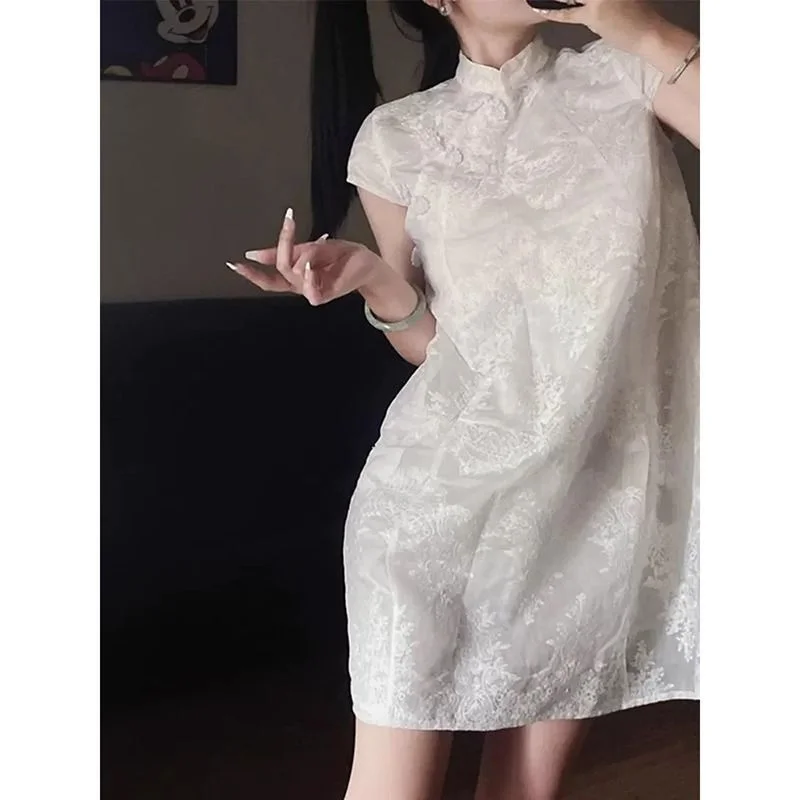 

Новая женская летняя короткая юбка больших размеров в китайском национальном стиле, улучшенный дизайн, белая, с открытыми плечами