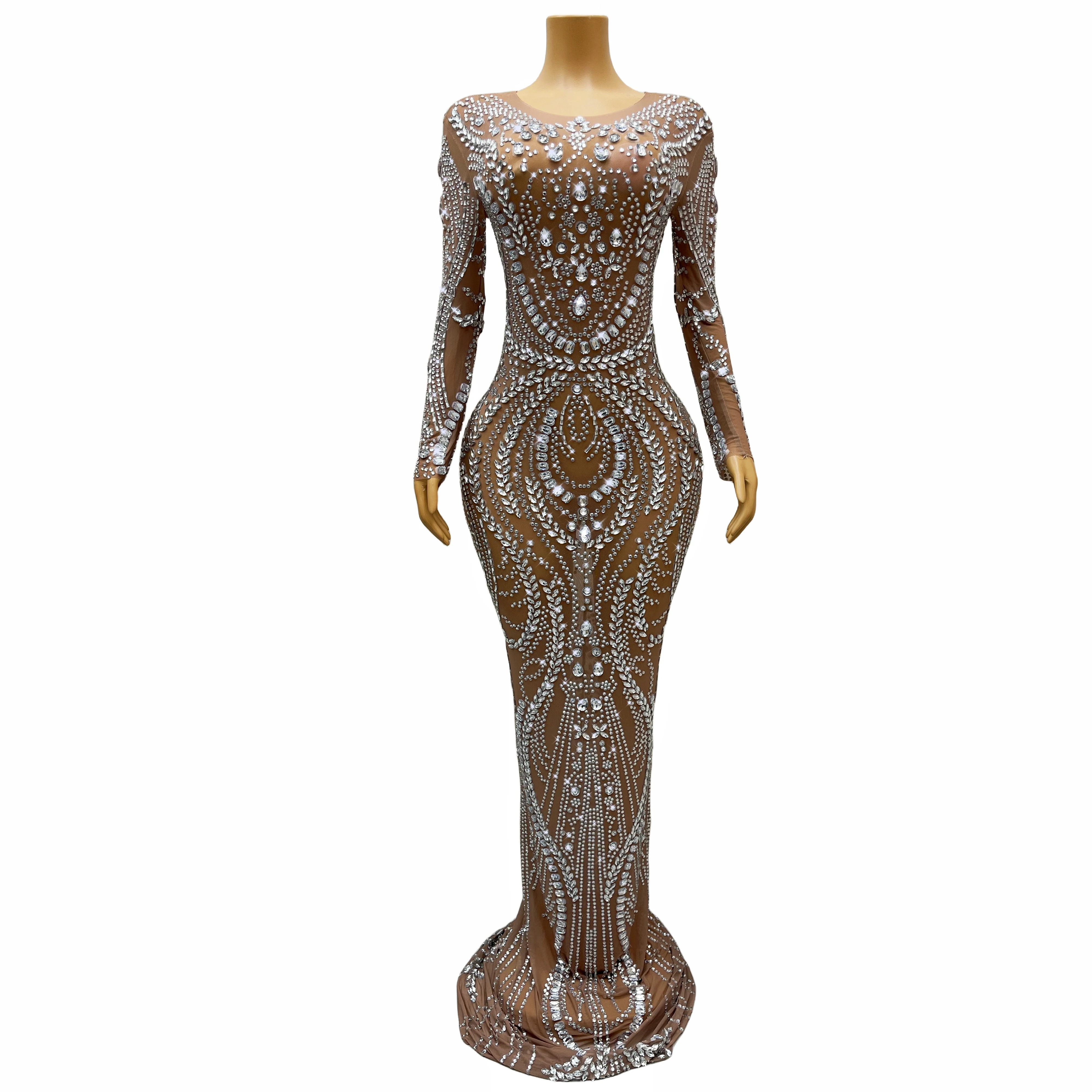 Sparkly Silver Rhinestones Long Sleeves Crystals Long Train Dress Nude Mesh Birthday Celebrate Costume Performance fulin