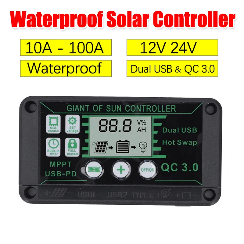 10/20/30/40/50/60/70/80/90/100A MPPT Solar Charge Controller 12V/24V Dual USB Auto Display Solar Panel Regulator Controller