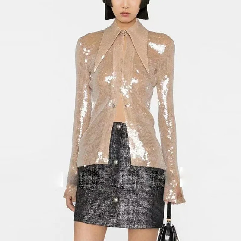 

New star high-end light luxury fashion split horn sleeve transparent Sequin bead mesh thin long sleeve shirt top women's wear