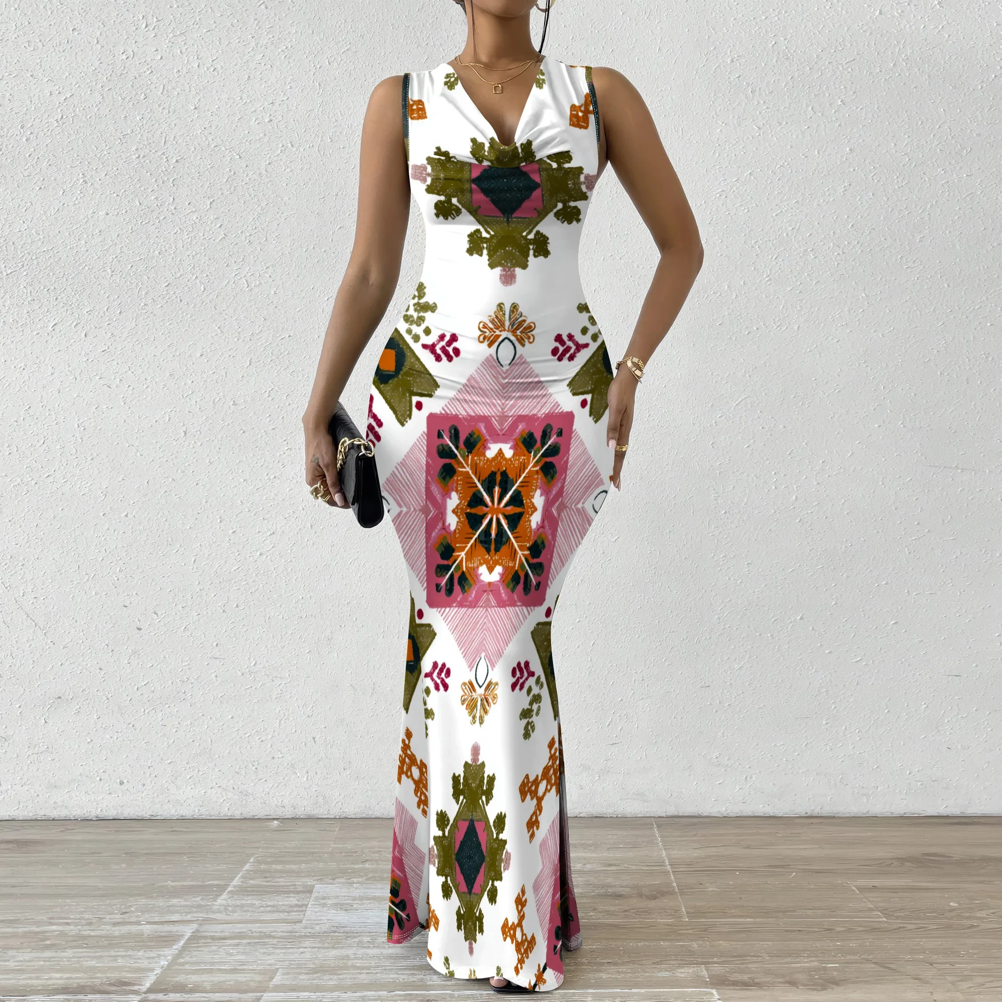 

Women's Tribal Print Maxi Dress XS-2XL - Elegant V-Neck Sleeveless Evening Gown - Bohemian Summer Party & Cocktail Dress