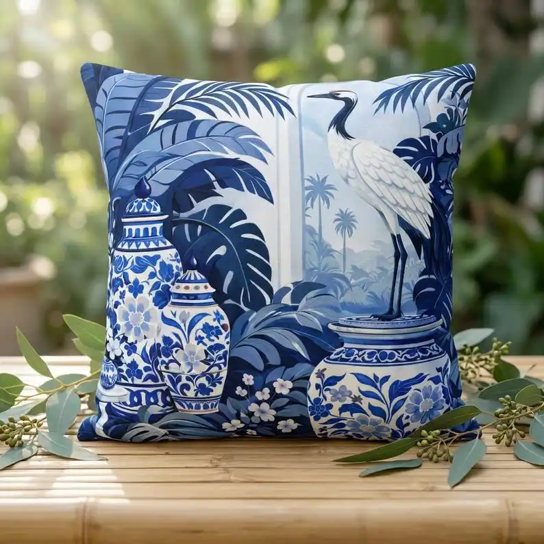 

Blue White Chinoiserie Crane Outdoor Pillow Cover: Coastal Porcelain Garden Cushion Cover