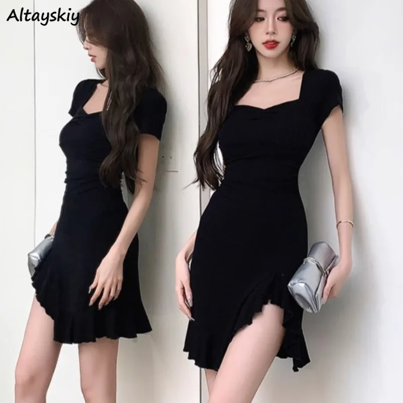 Irregular Dresses for Women Mini Sexy Short Sleeve All-match Black Bodycon Fashion High Street Hot Girls Club Young Girls Party