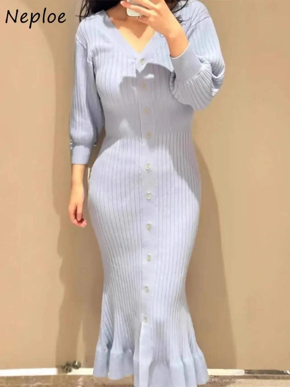 Elegant Temperament V Neck Knit Mujer Slim Waist Mermaid Mid-Length Bodycon Robe Japan Vintage Casual Dresses